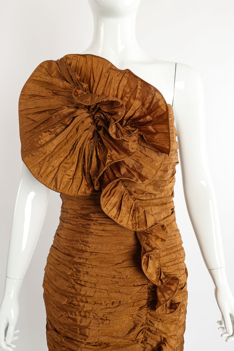 Vintage BB Collections Philodendron Ruched Ruffle Dress on Mannequin Front Crop at Recess LA