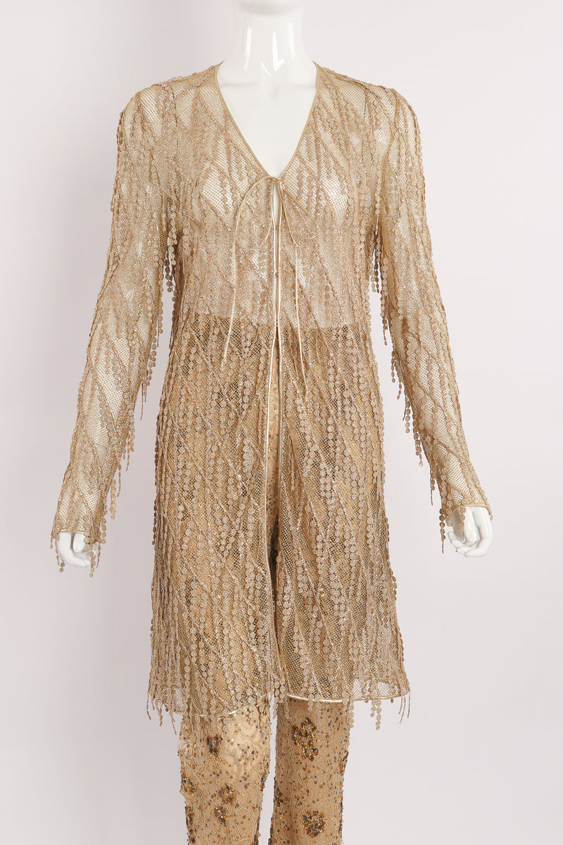 Vintage Badgley Mischka Gold Mesh Fringe Jacket & Sequin Pant Set on Mannequin crop at Recess LA