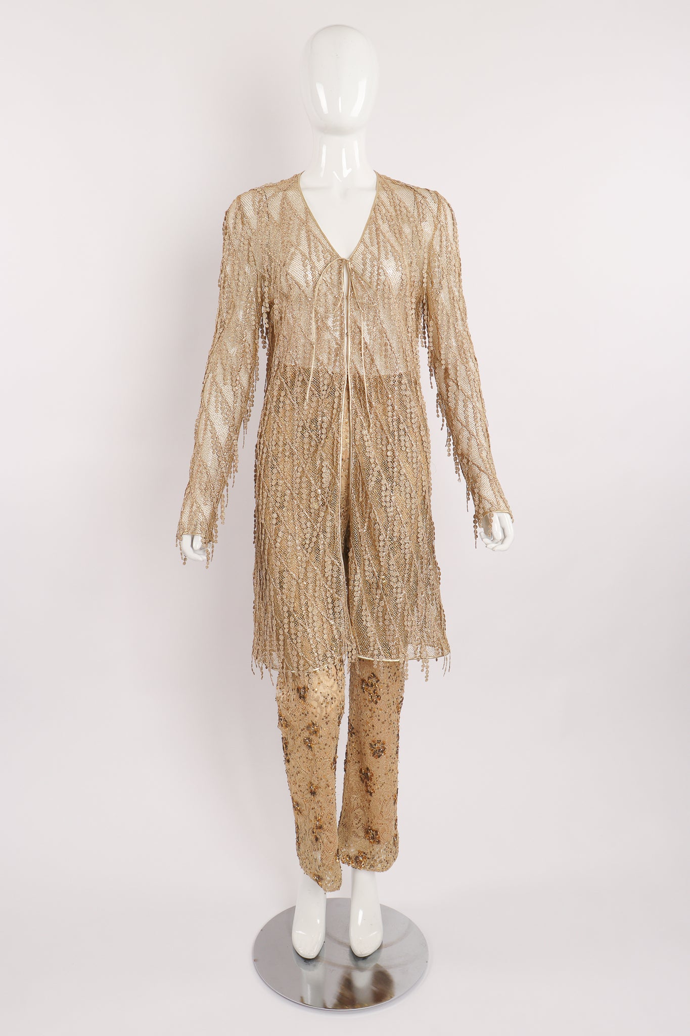 Vintage Badgley Mischka Gold Mesh Fringe Jacket & Sequin Pant Set on Mannequin front at Recess LA