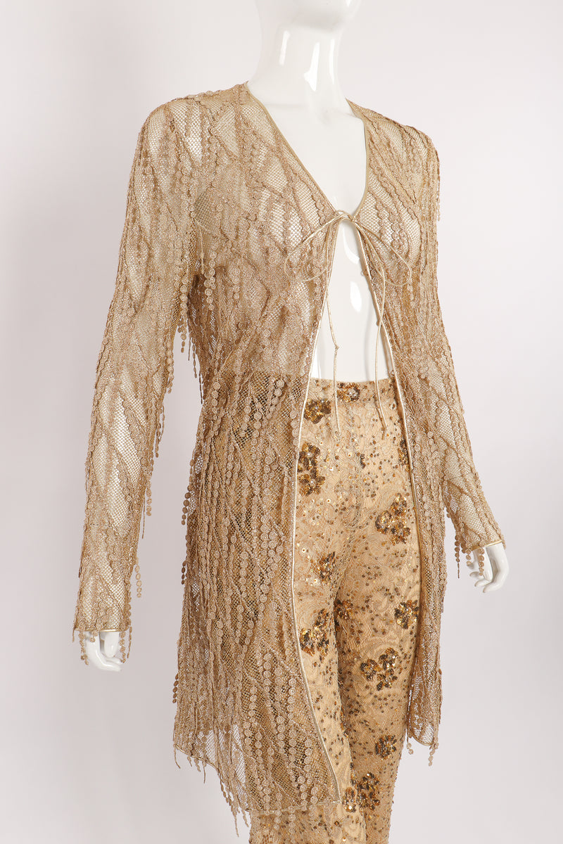 Vintage Badgley Mischka Gold Mesh Fringe Jacket & Sequin Pant Set on Mannequin angle at Recess LA