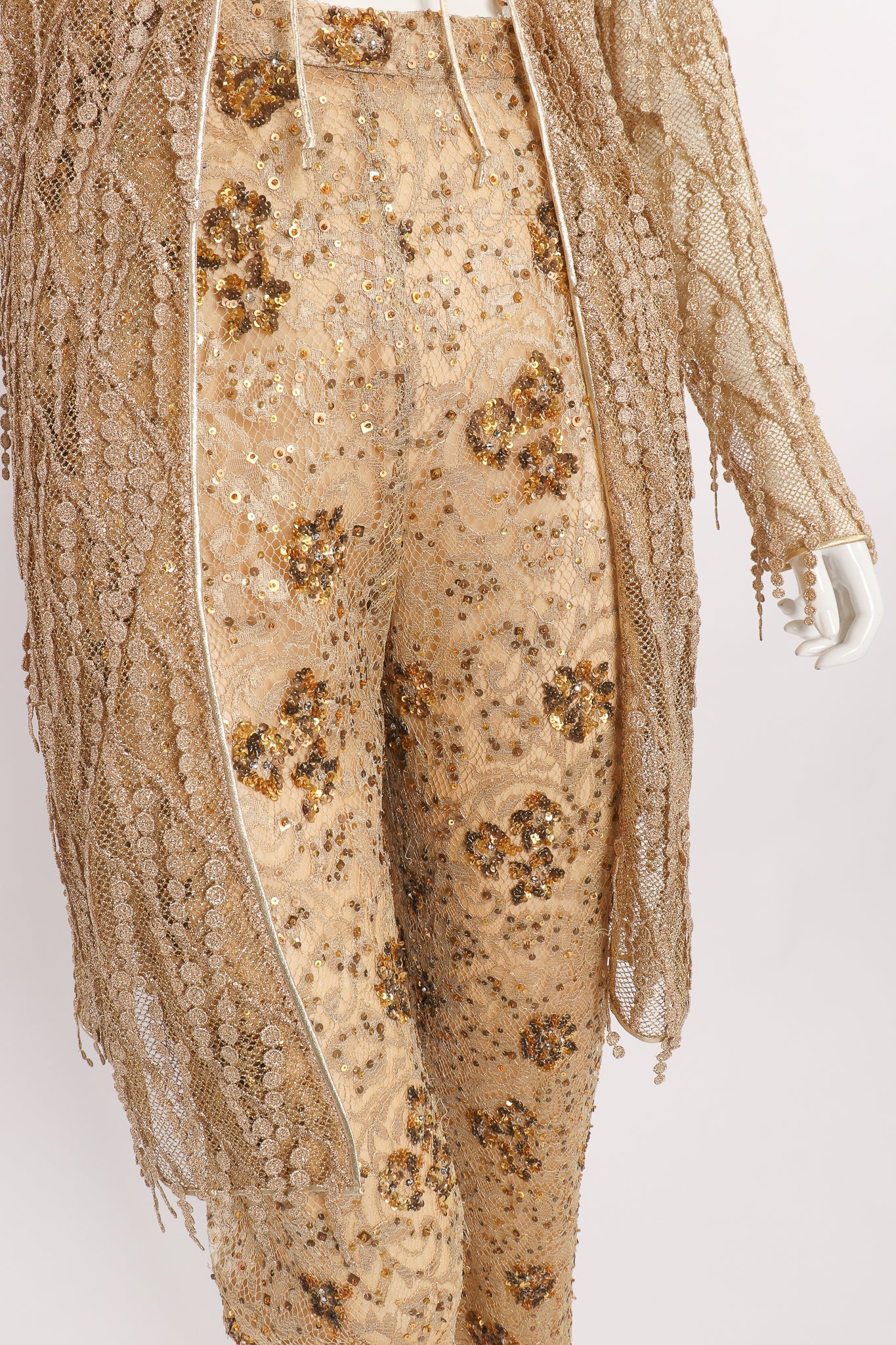 Vintage Badgley Mischka Gold Mesh Fringe Jacket & Sequin Pant Set on Mannequin pant at Recess LA