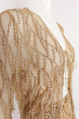 Vintage Badgley Mischka Gold Mesh Fringe Jacket & Sequin Pant Set on Mannequin neckline at Recess LA