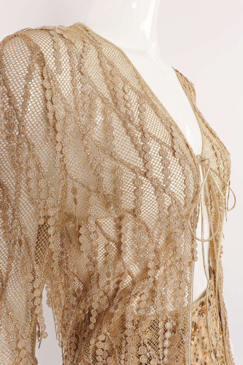 Vintage Badgley Mischka Gold Mesh Fringe Jacket & Sequin Pant Set on Mannequin neckline at Recess LA