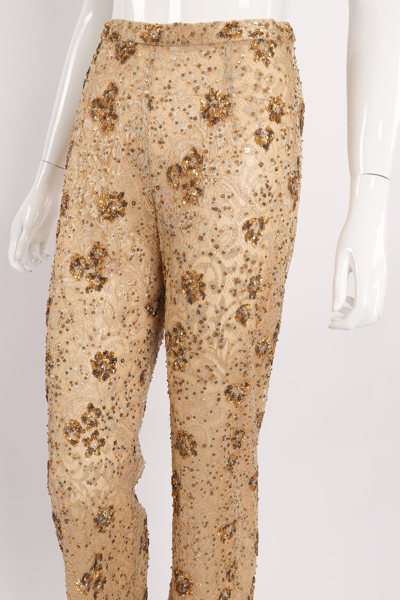 Vintage Badgley Mischka Gold Sequin Pant Set on Mannequin front at Recess LA