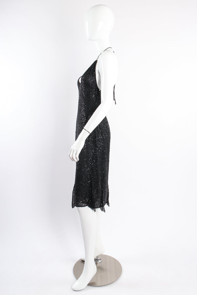 Vintage Badgley Mischka Beaded Sequin Halter Dress on mannequin side at Recess Los Angeles