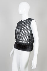 Bain's Las Vegas Vintage Fur Trim Jet Bead Mesh Shell Top Vest