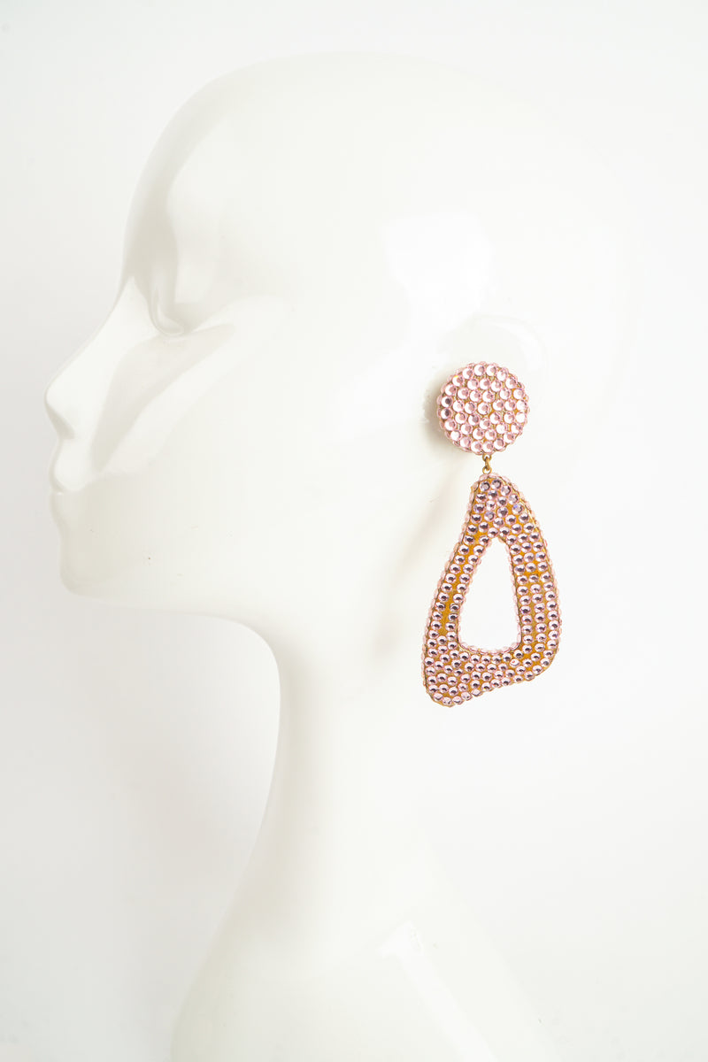 Vintage Barbara Groeger Lilac Rhinestone Triangle Hoop Earrings on Mannequin At Recess Los Angeles