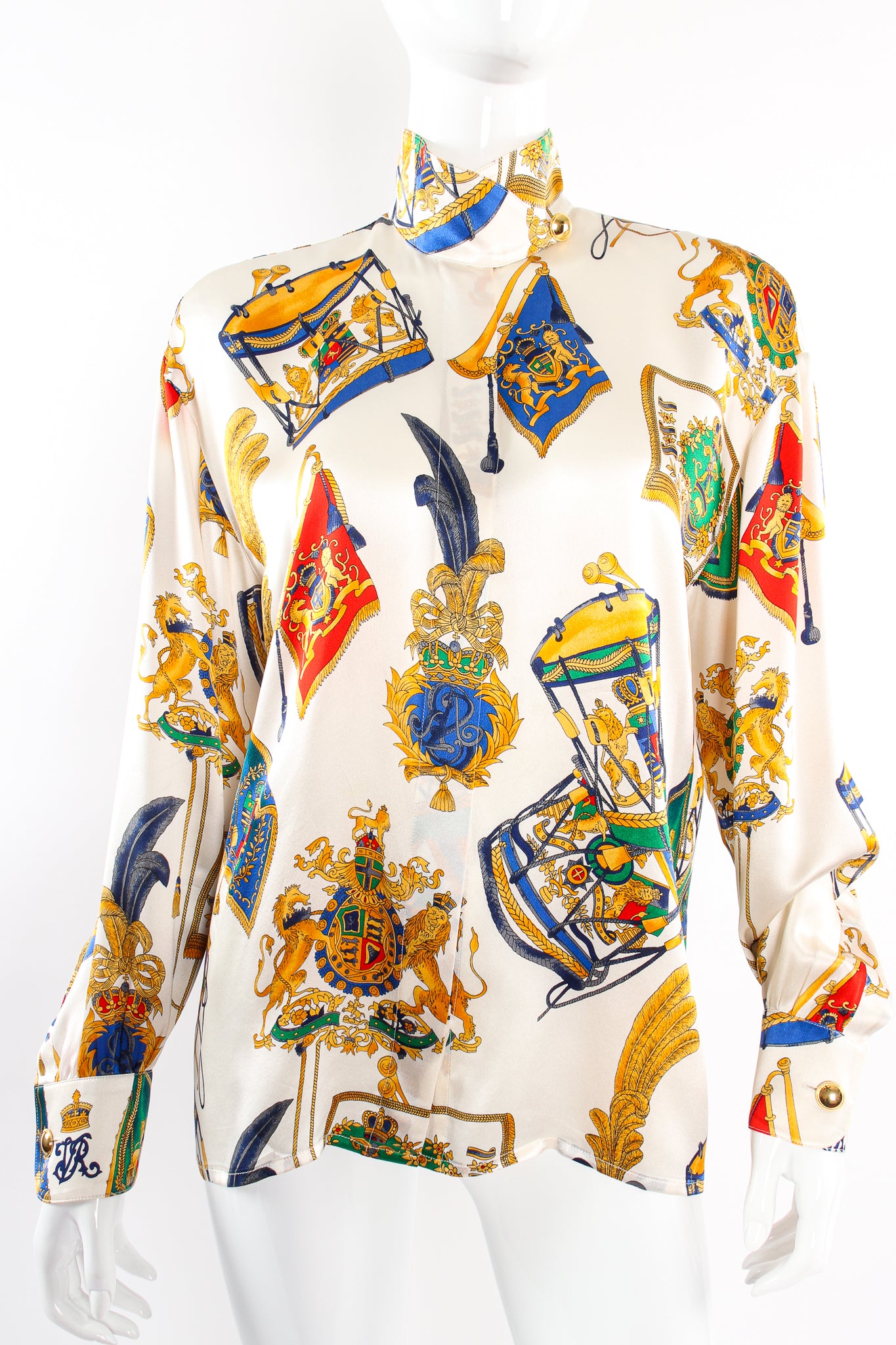 Vintage Escada Lion Crest Drum Print Blouse on Mannequin front at Recess Los Angeles