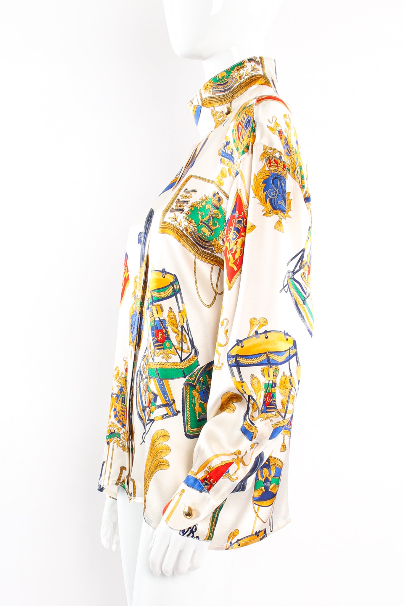 Vintage Escada Lion Crest Drum Print Blouse on Mannequin side at Recess Los Angeles