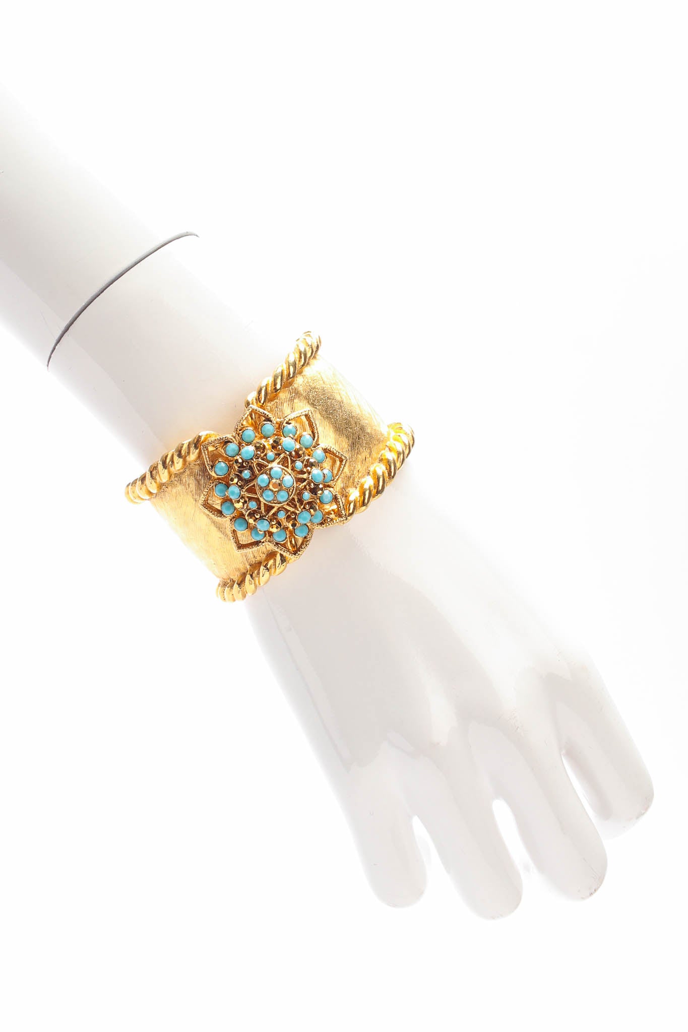 Vintage Barrera Filigree Lotus Flower Cuff Bracelet on mannequin wrist @ Recess LA