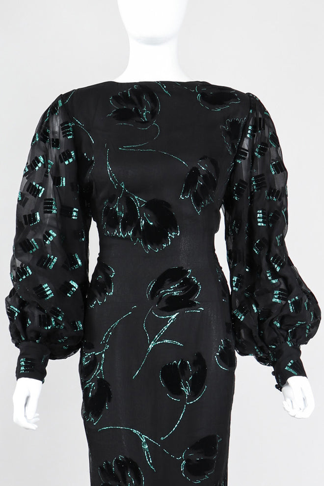 Recess Los Angeles Vintage Pauline Trigere Balloon Sleeve Glitter Velvet Burnout Dress
