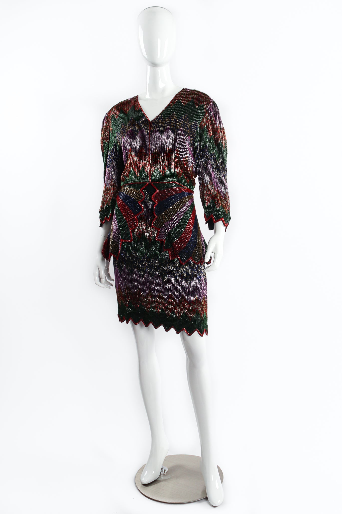 Vintage Beaujon Beaded Mardi Gras Peplum Jacket & Skirt Set on mannequin front at Recess LA
