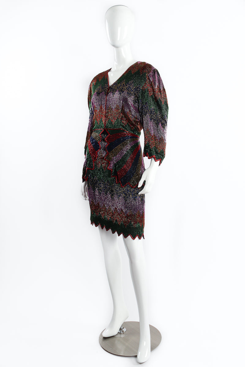 Vintage Beaujon Beaded Mardi Gras Peplum Jacket & Skirt Set on mannequin angle at Recess LA