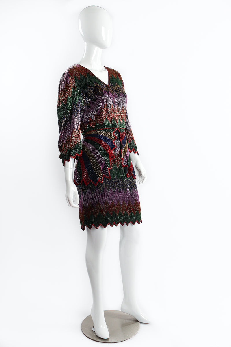 Vintage Beaujon Beaded Mardi Gras Peplum Jacket & Skirt Set on mannequin angle at Recess LA