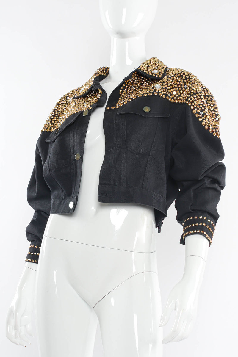 Vintage BeBe Studded Rhinestone Crop Denim Jacket mannequin unbuttoned @ Recess LA