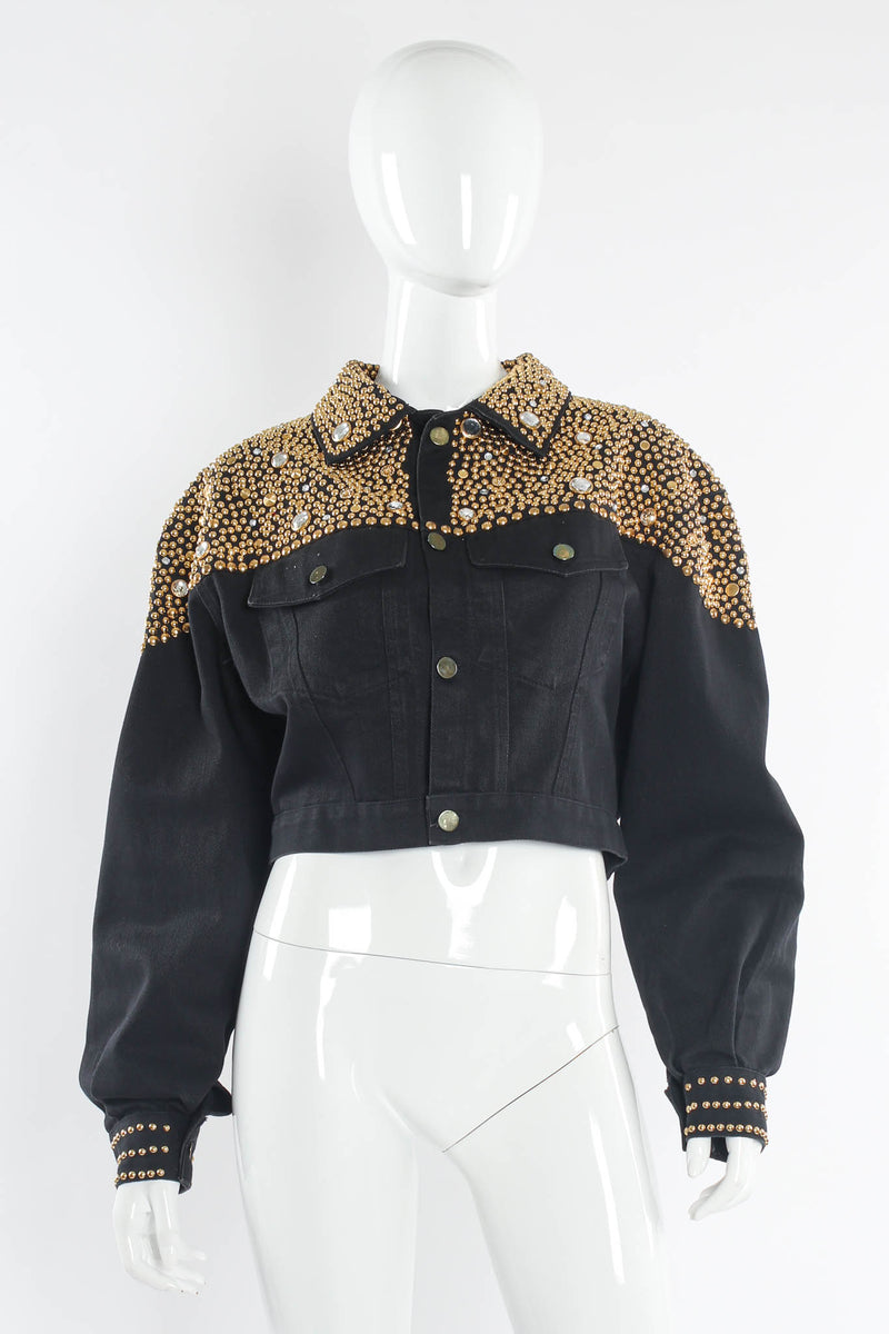 Vintage BeBe Studded Rhinestone Crop Denim Jacket mannequin front @ Recess LA
