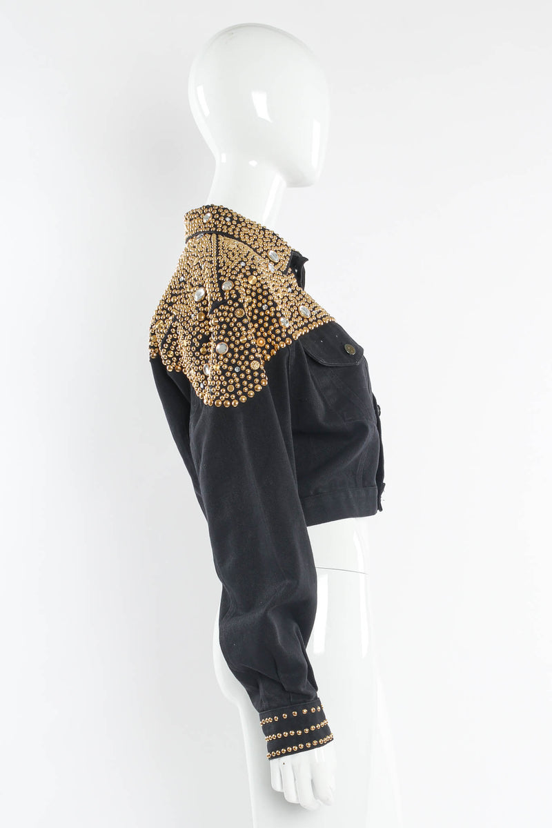 Vintage BeBe Studded Rhinestone Crop Denim Jacket mannequin side @ Recess LA