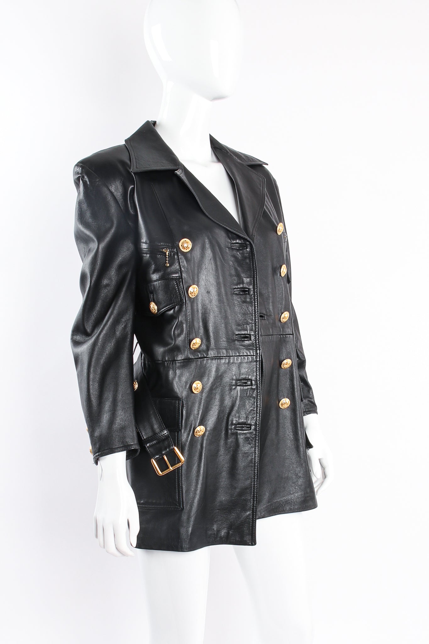 Vintage Begedor Double Breasted Leather Trench Coat on mannequin open at Recess Los Angeles