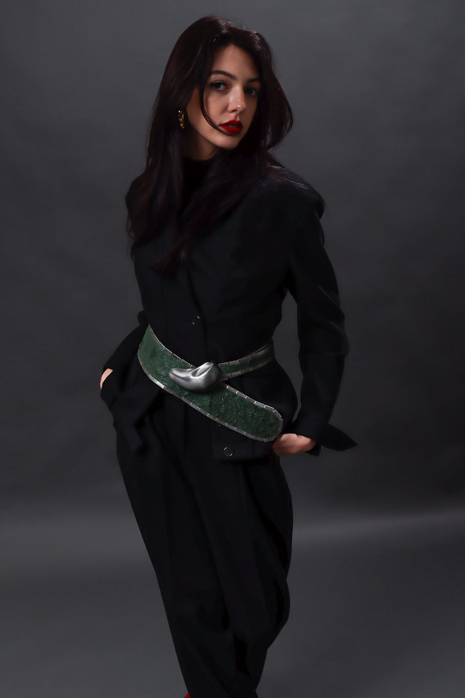 Distressed forrest green leather waist belt on model @recessla