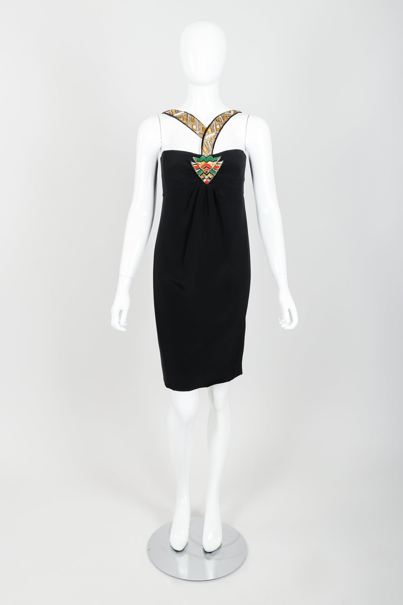 Vintage Bernard Perris Beaded Grecian Neck Cocktail Dress on Mannequin front at Recess Los Angeles