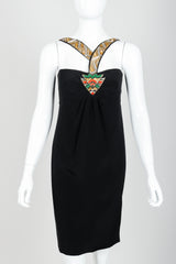 Vintage Bernard Perris Beaded Grecian Neck Cocktail Dress on Mannequin front crop at Recess