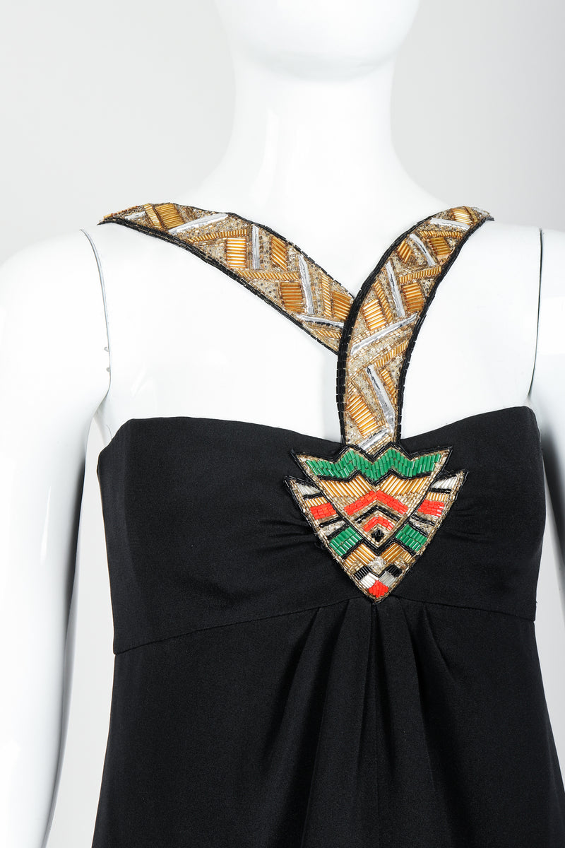 Vintage Bernard Perris Beaded Grecian Neck Cocktail Dress on Mannequin neckline at Recess
