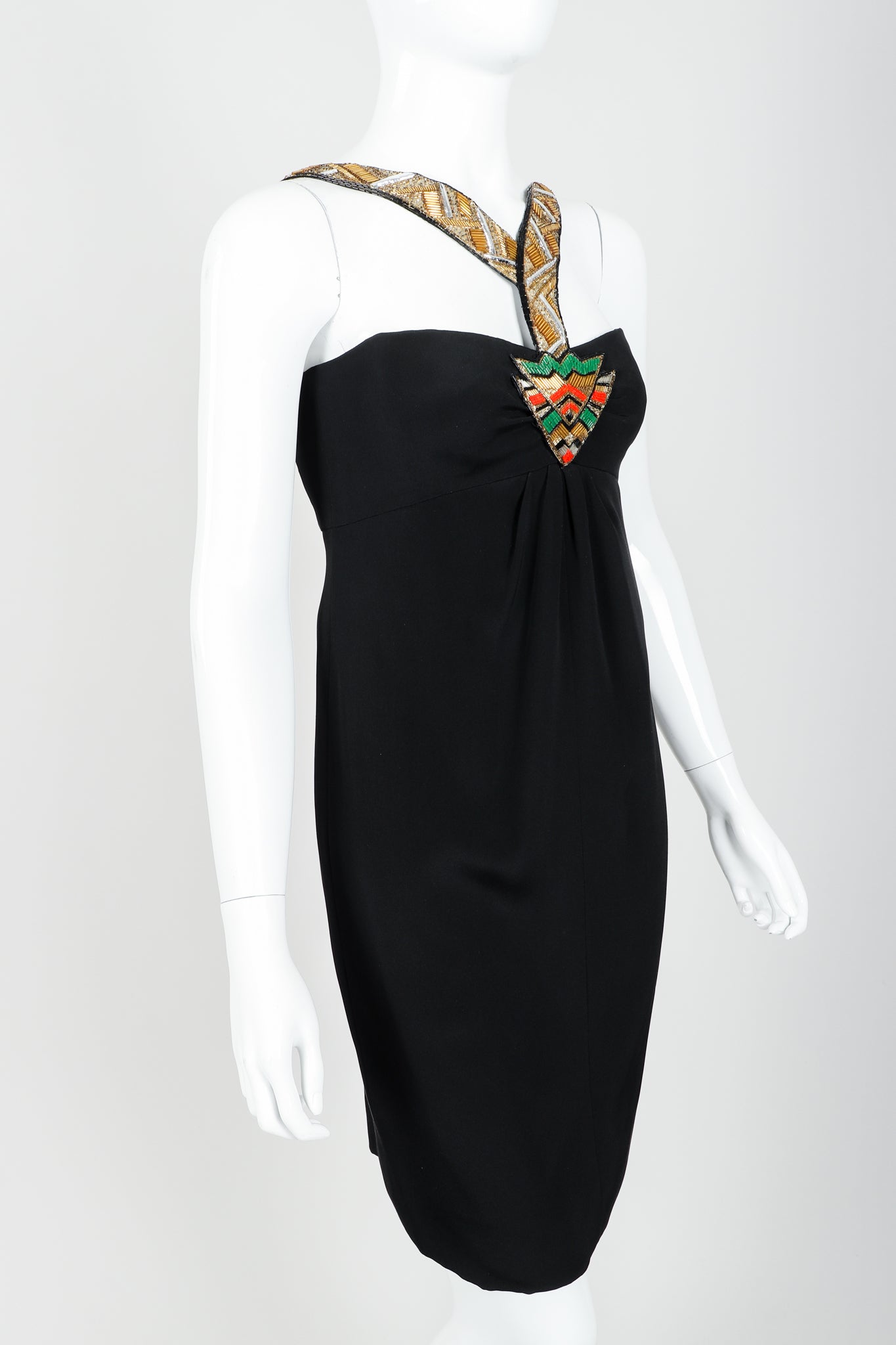 Vintage Bernard Perris Beaded Grecian Neck Cocktail Dress on Mannequin angle crop at Recess