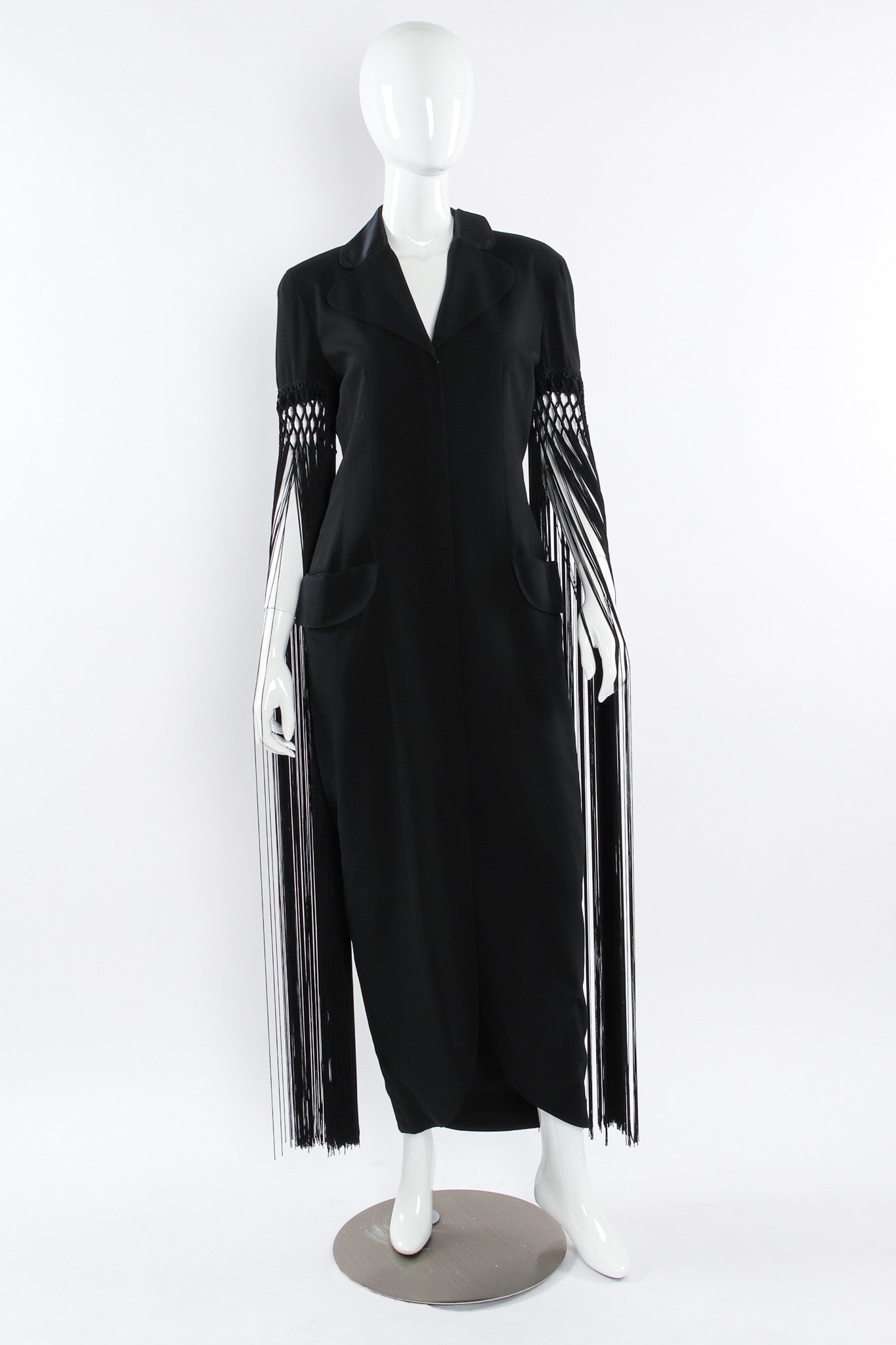 Vintage Bernard Perris Fringe Sleeve Drape Dress mannequin front @ Recess LA