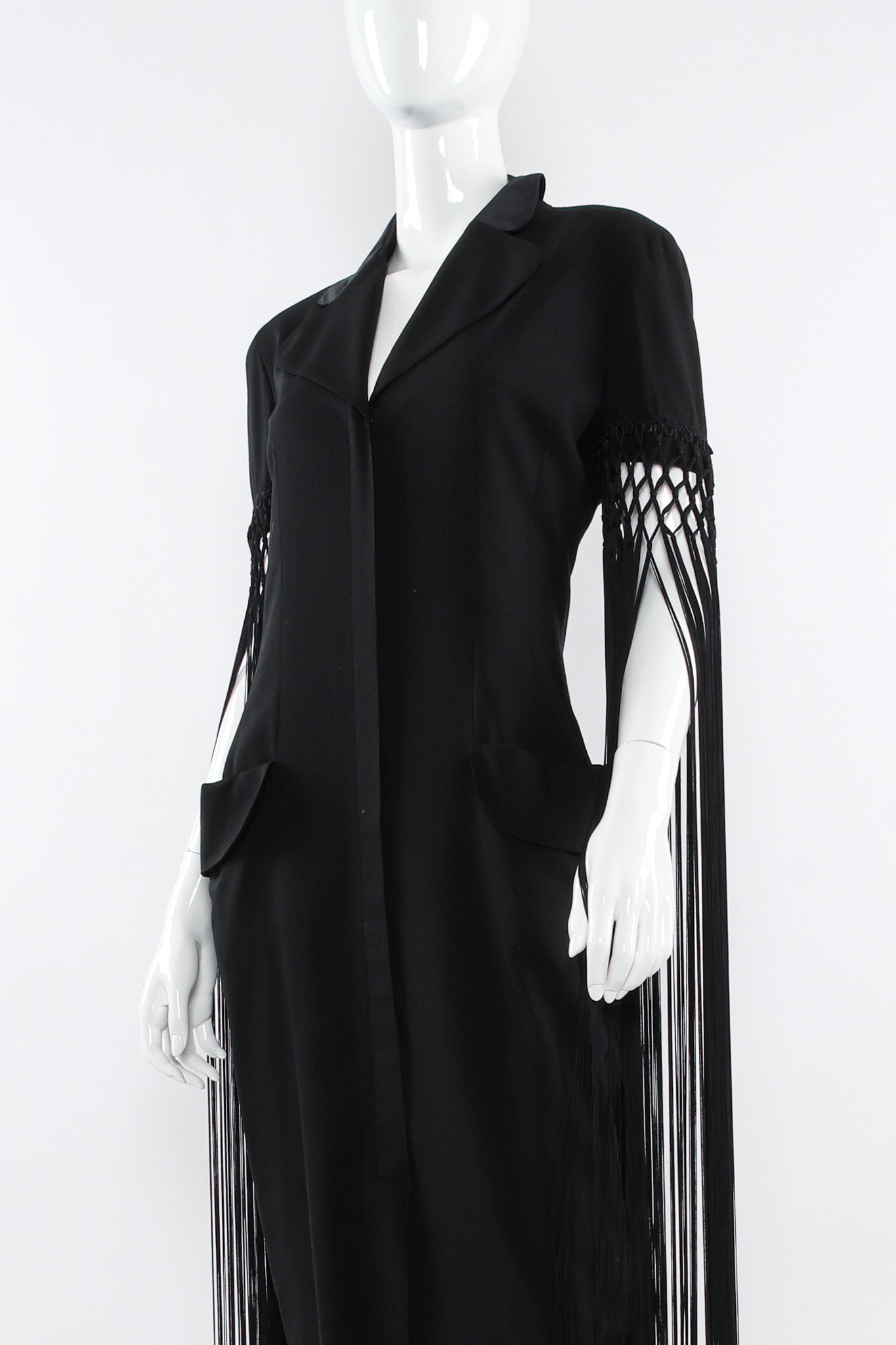 Vintage Bernard Perris Fringe Sleeve Drape Dress mannequin front angle @ Recess LA
