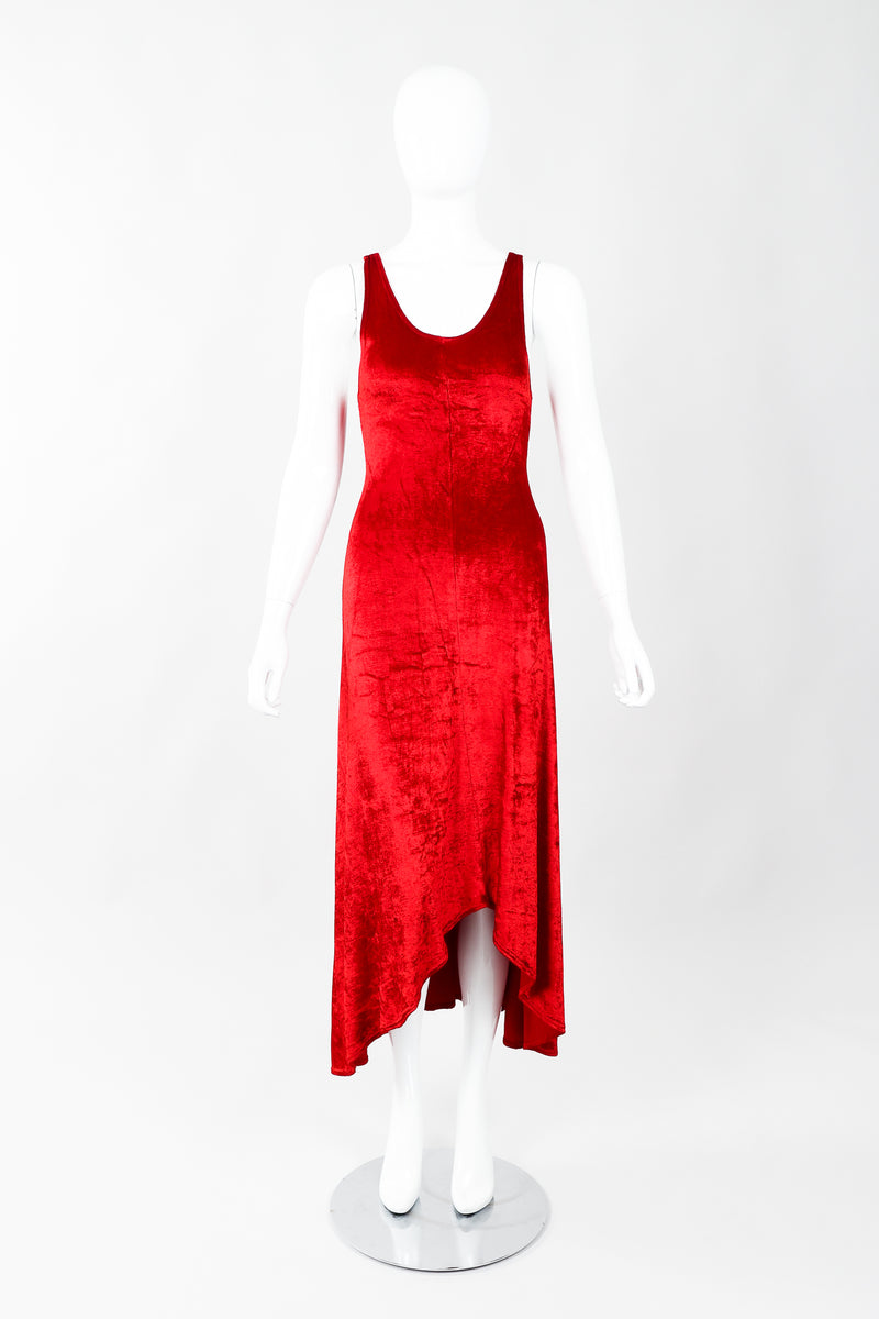 Vintage Alley Cat by Betsey Johnson Red Panne Velvet Dress on Mannequin Front, at Recess