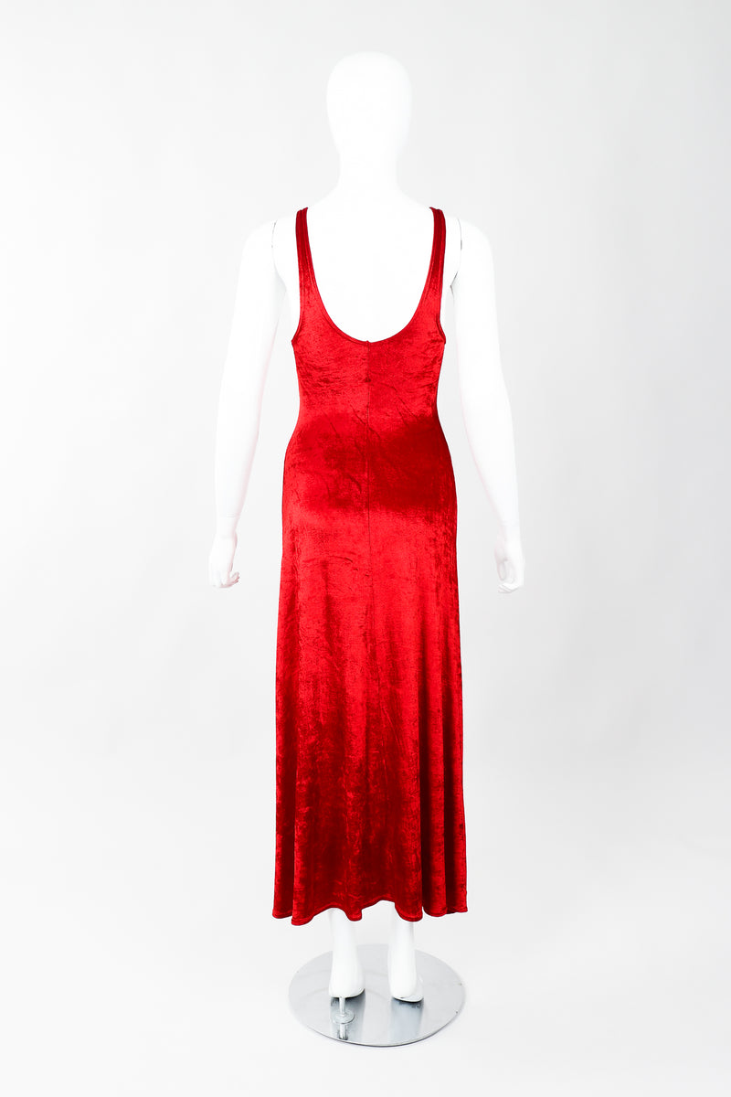Vintage Alley Cat by Betsey Johnson Red Panne Velvet Dress on Mannequin Back, at Recess