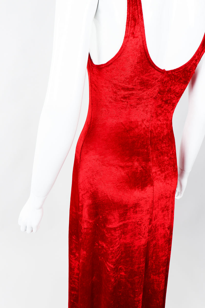 Vintage Alley Cat by Betsey Johnson Red Panne Velvet Dress on Mannequin Angled, at Recess