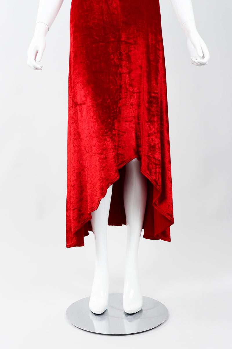 Vintage Alley Cat by Betsey Johnson Red Panne Velvet Dress on Mannequin Skirt hem, at Recess
