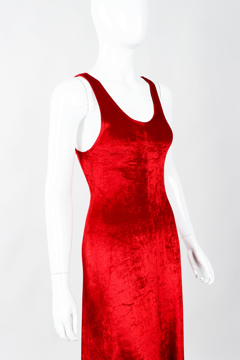 Vintage Alley Cat by Betsey Johnson Red Panne Velvet Dress on Mannequin cropped, at Recess