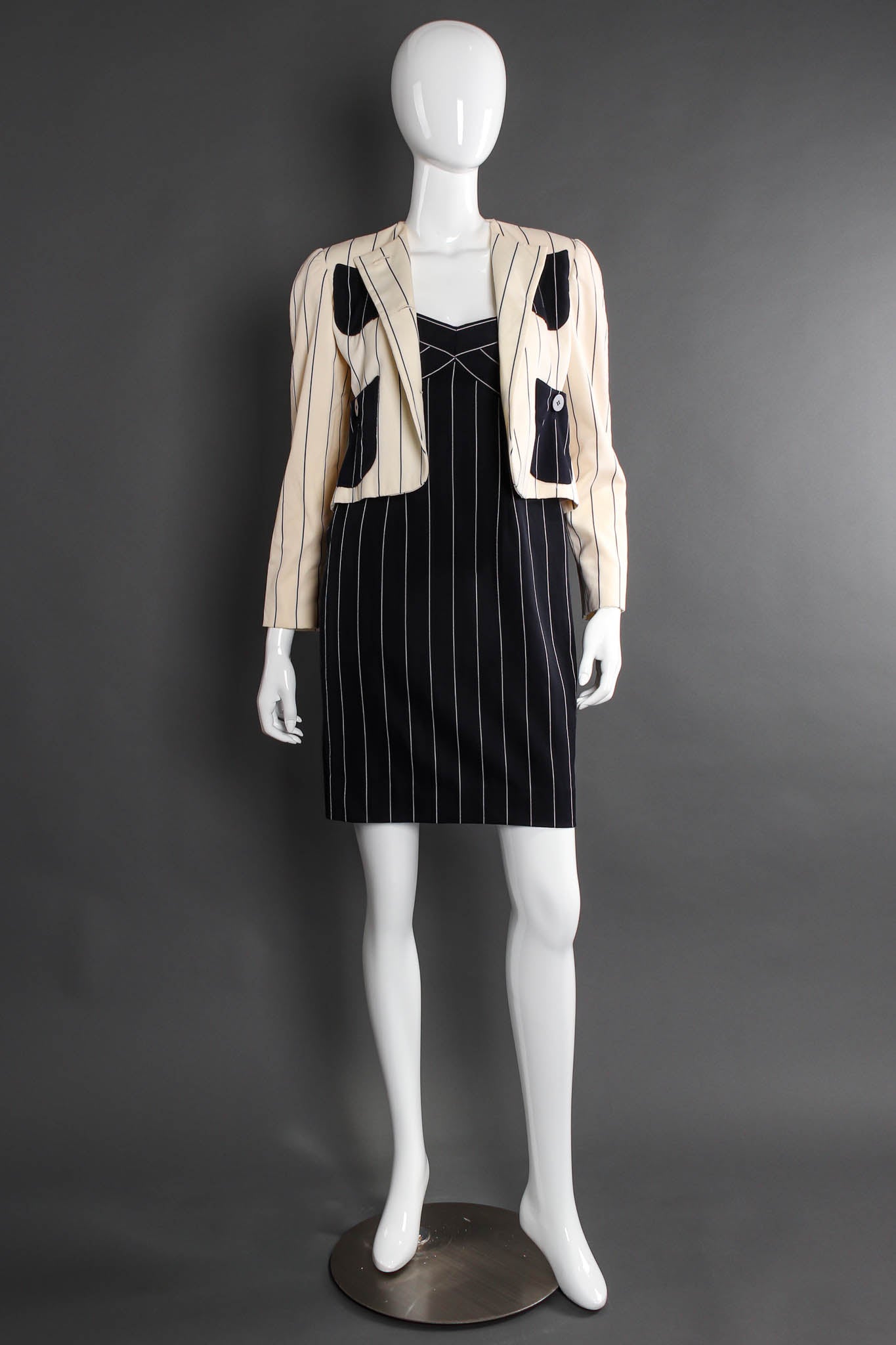 Vintage Bill Blass Contrast Stripe Jacket & Dress Set mannequin front @ Recess LA