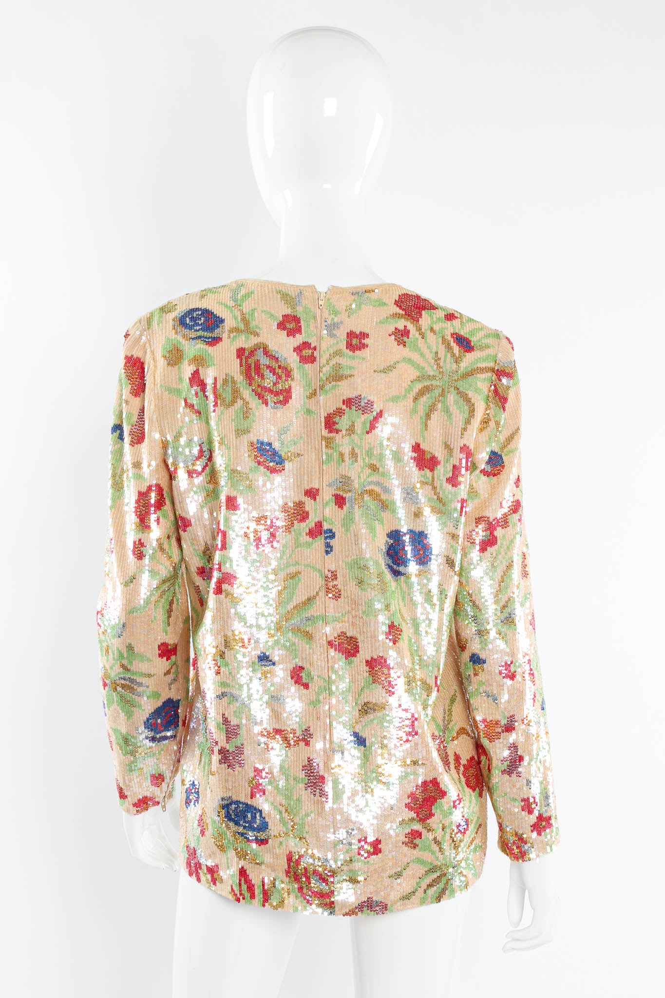 Vintage Bill Blass Pixel Sequin Floral Blouse mannequin back @ Recess Los Angeles