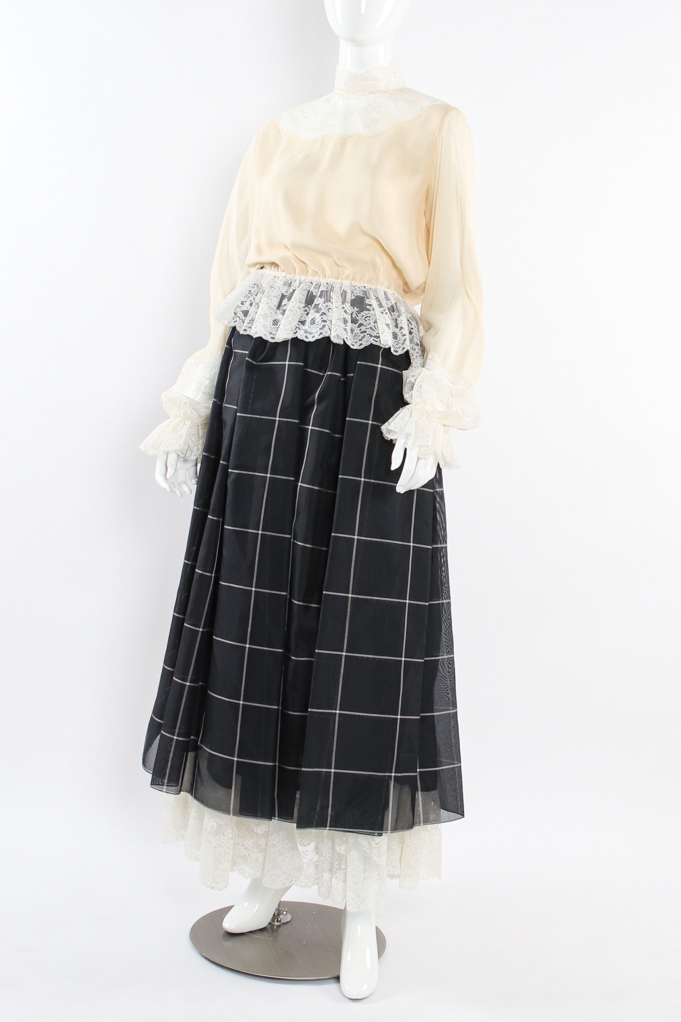 Vintage Bill Blass Lace Silk Top & Checker Skirt Set mannequin close angle @ Recess LA