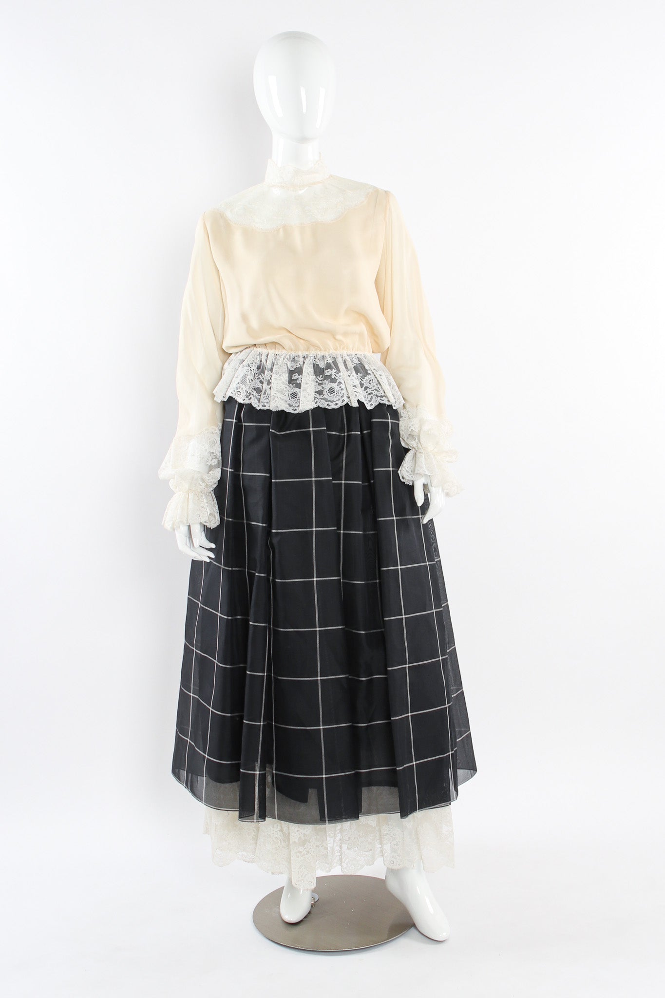 Vintage Bill Blass Lace Silk Top & Checker Skirt Set mannequin front @ Recess LA
