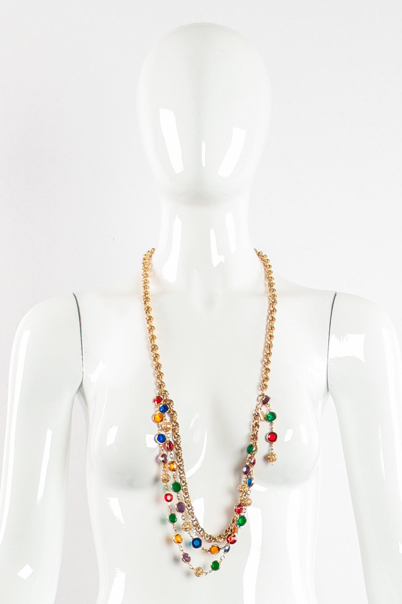 Vintage Bill Blass Rainbow Glass Chain Belt necklace on mannequin at Recess Los Angeles