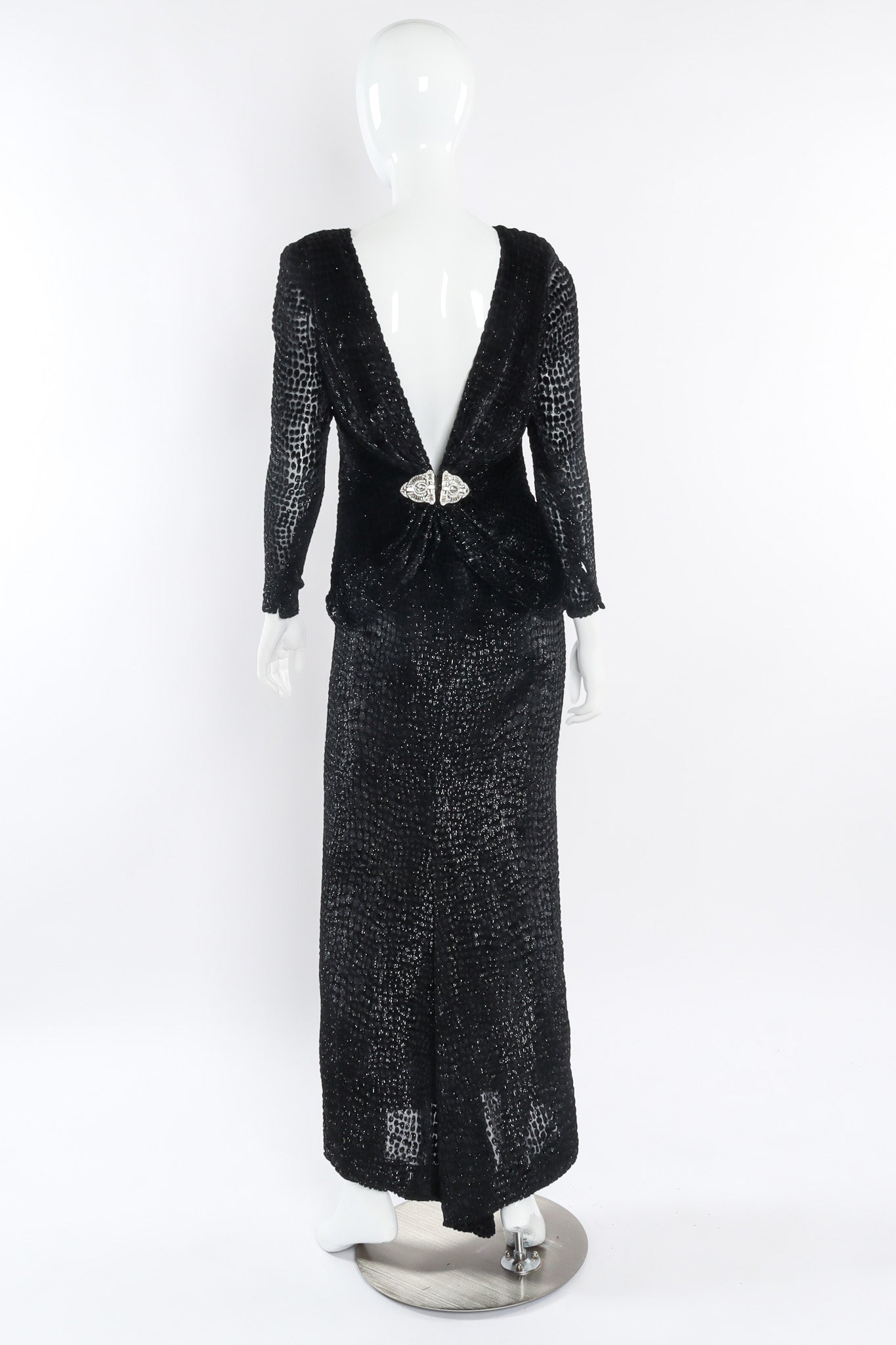 Vintage Bill Blass Metallic Burnout Open Back Gown Back on Mannequin @ Recess LA