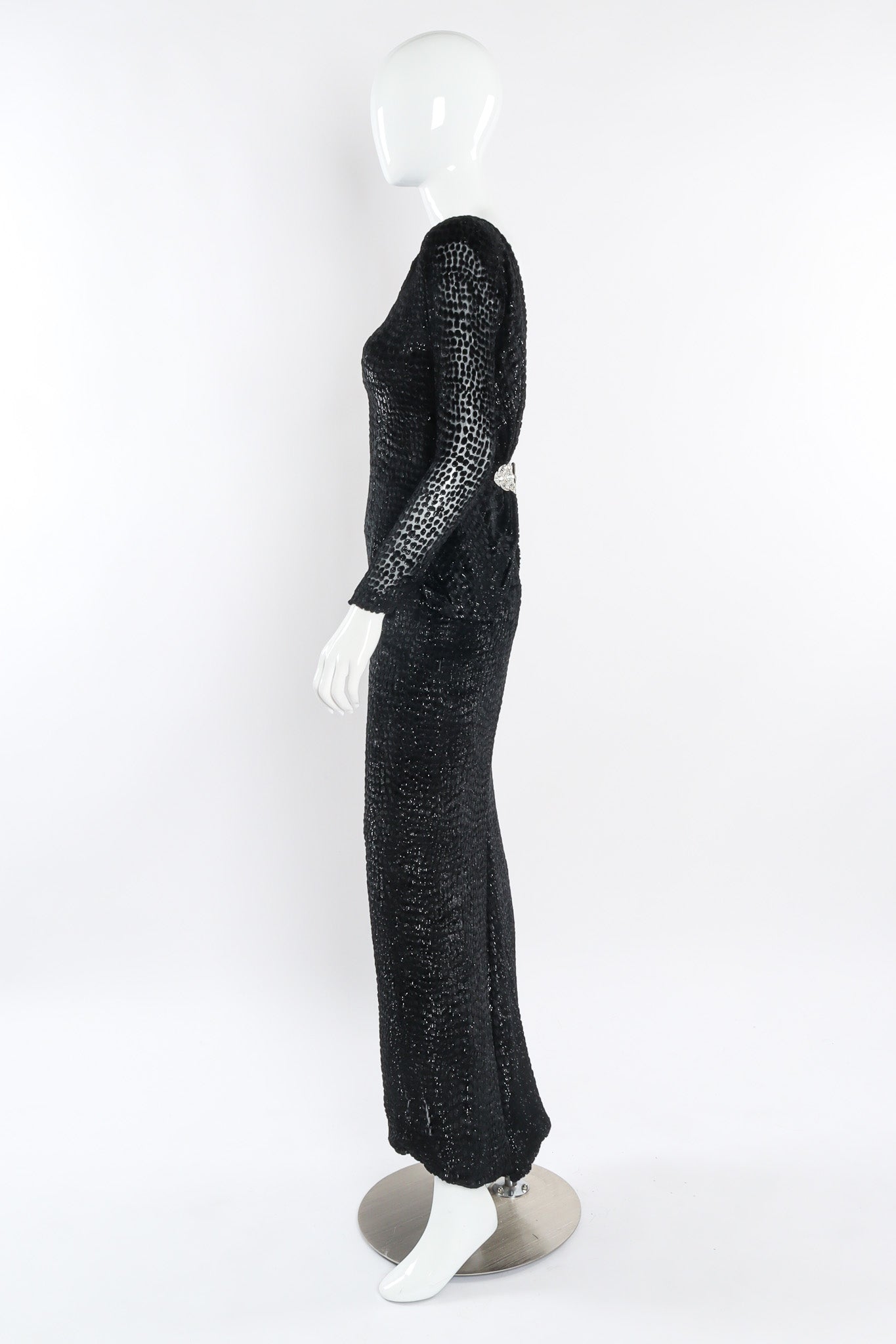Vintage Bill Blass Metallic Burnout Open Back Gown Side View on Mannequin @ Recess LA