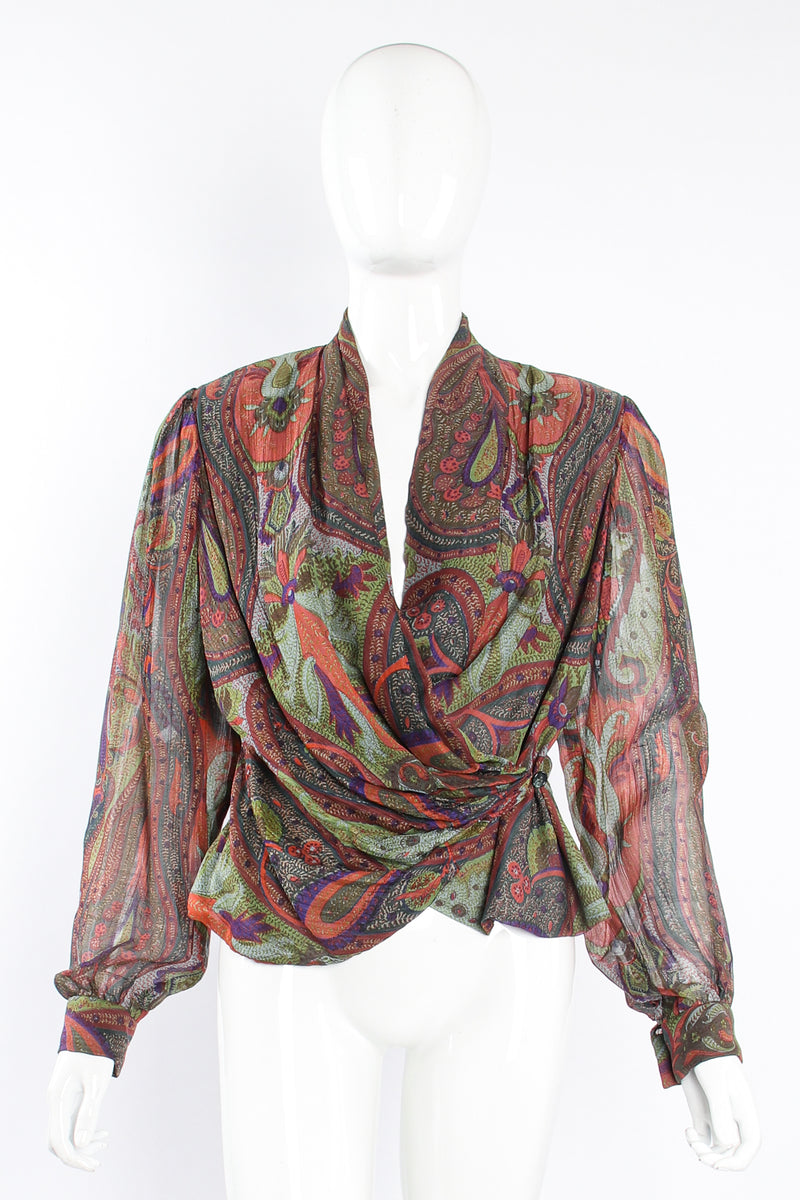 Vintage Bill Blass Paisley Draped Wrap Blouse on Mannequin front at Recess Los Angeles
