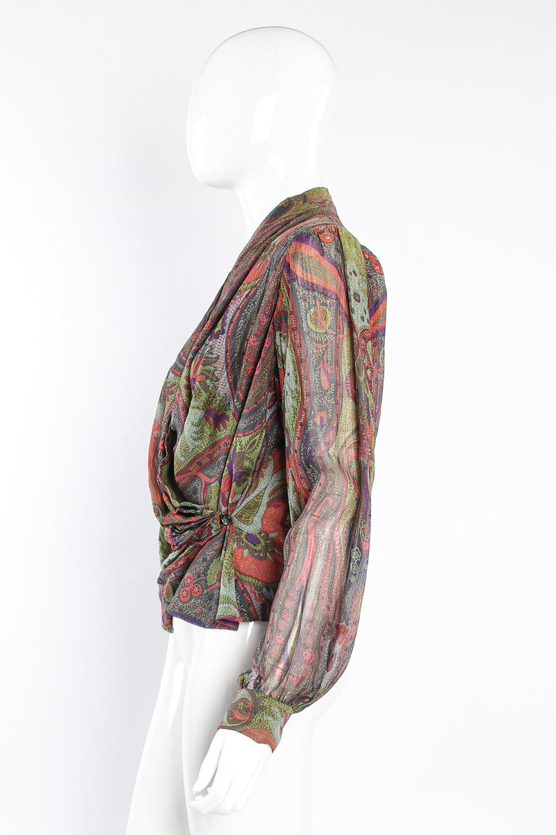 Vintage Bill Blass Paisley Draped Wrap Blouse on Mannequin side at Recess Los Angeles