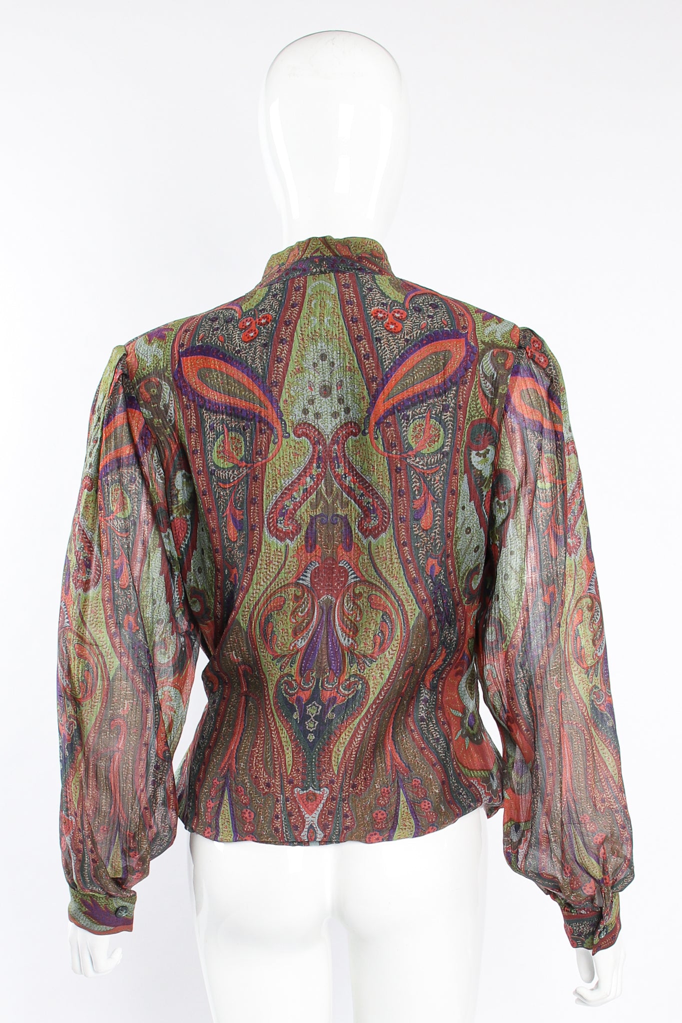 Vintage Bill Blass Paisley Draped Wrap Blouse on Mannequin back at Recess Los Angeles