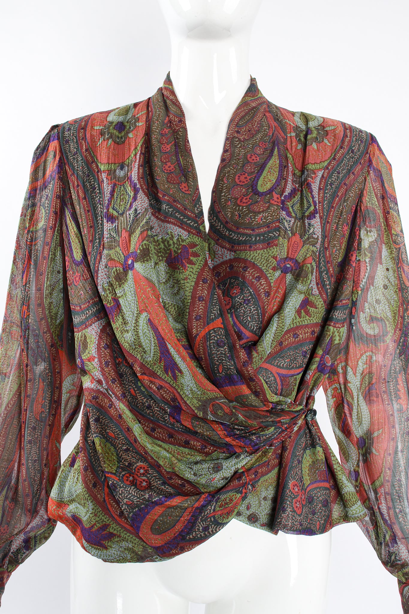 Vintage Bill Blass Paisley Draped Wrap Blouse on Mannequin front crop at Recess Los Angeles