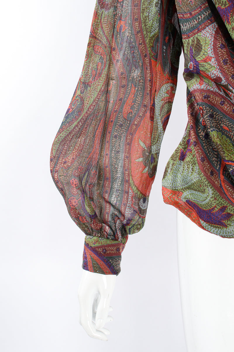 Vintage Bill Blass Paisley Draped Wrap Blouse on Mannequin sleeve at Recess Los Angeles