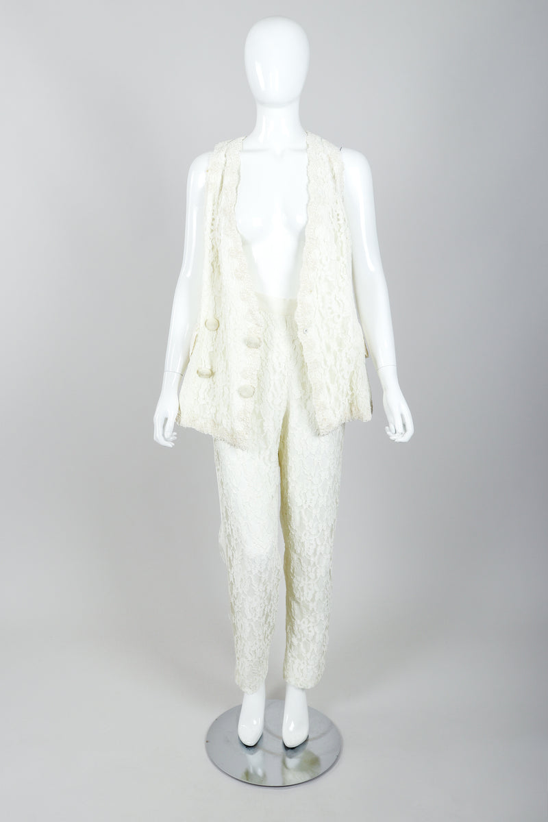 Vintage Bill Blass Lace Tuxedo Vest Suit Bridal on Mannequin front open at Recess LA