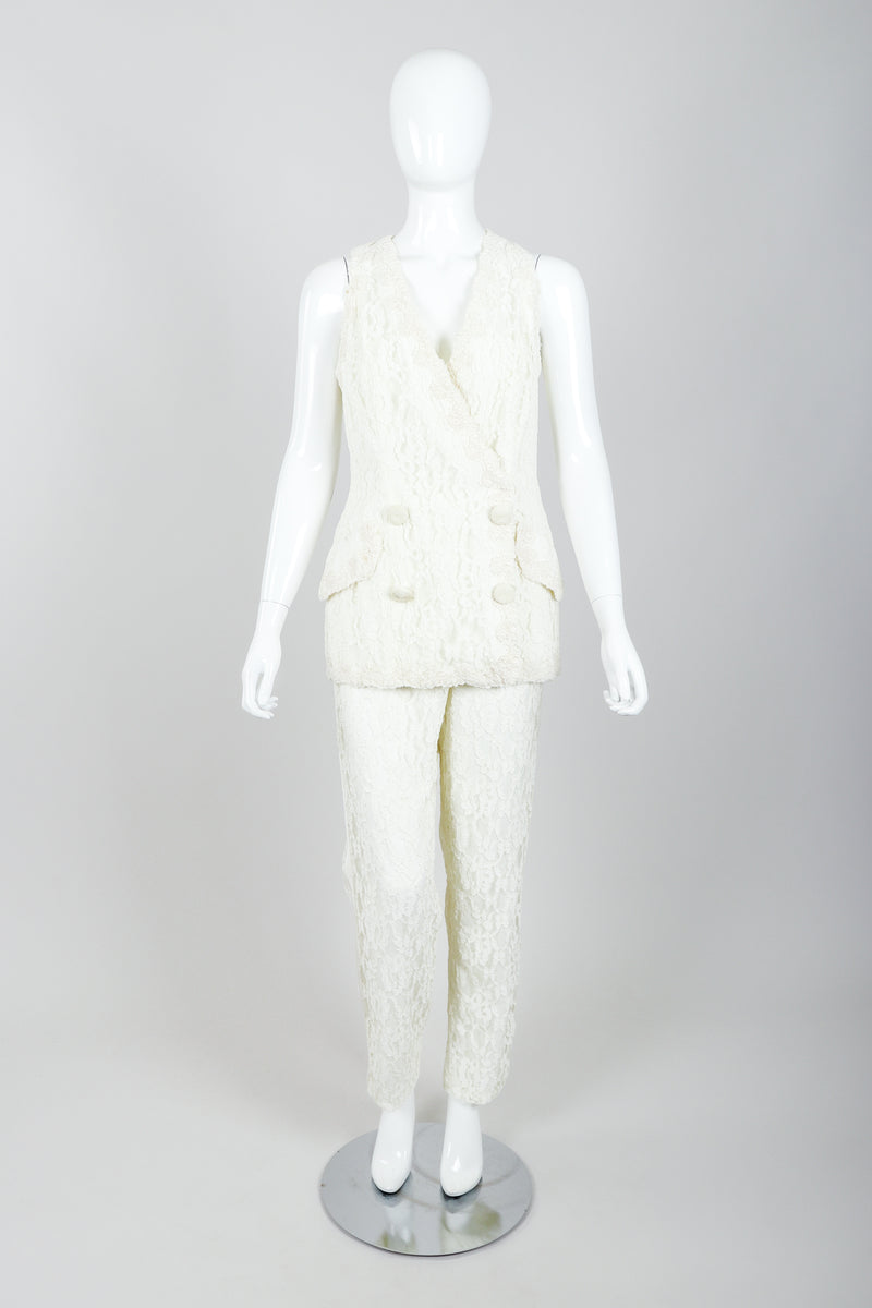 Vintage Bill Blass Lace Tuxedo Vest Suit Bridal on Mannequin front at Recess LA