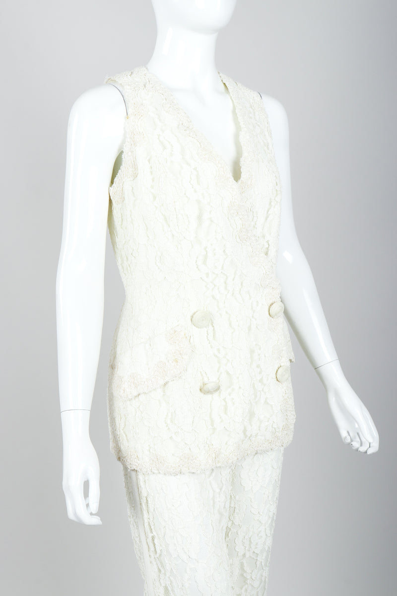 Vintage Bill Blass Lace Tuxedo Vest Suit Bridal on Mannequin Angle Crop at Recess LA
