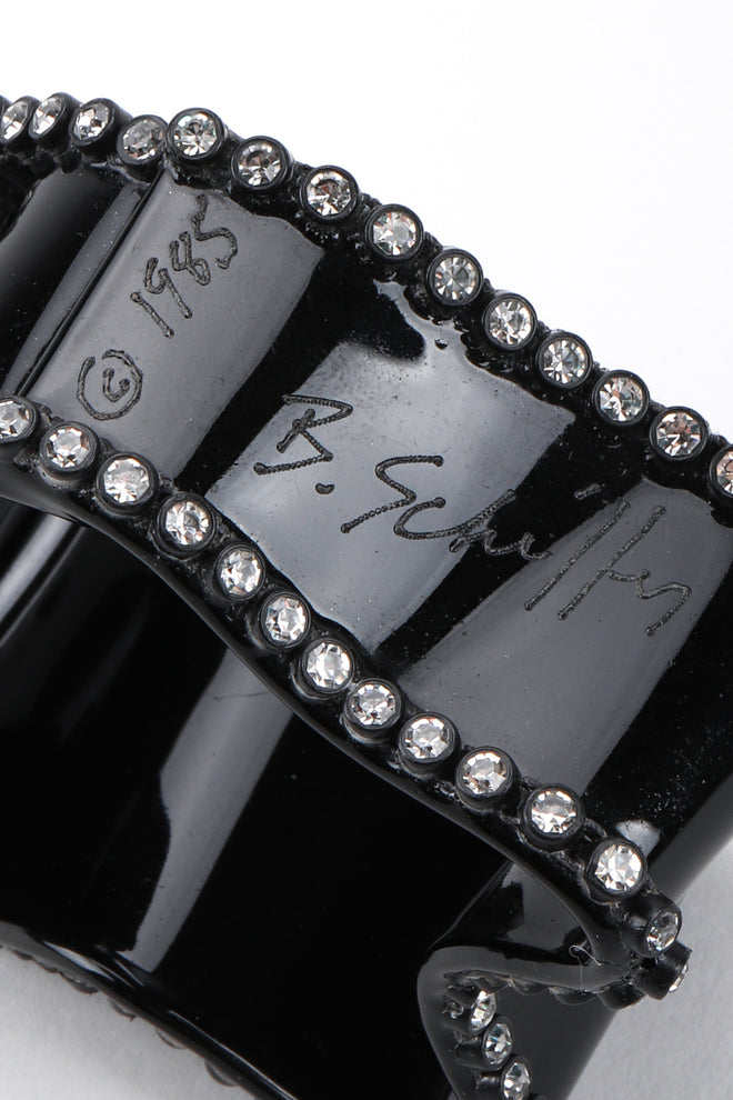 Recess Los Angeles Vintage Bill Schiffer Black Freeform Amoeba Cuff Bracelet Rhinestone Wavy Organic Abstract Plastic Bangle